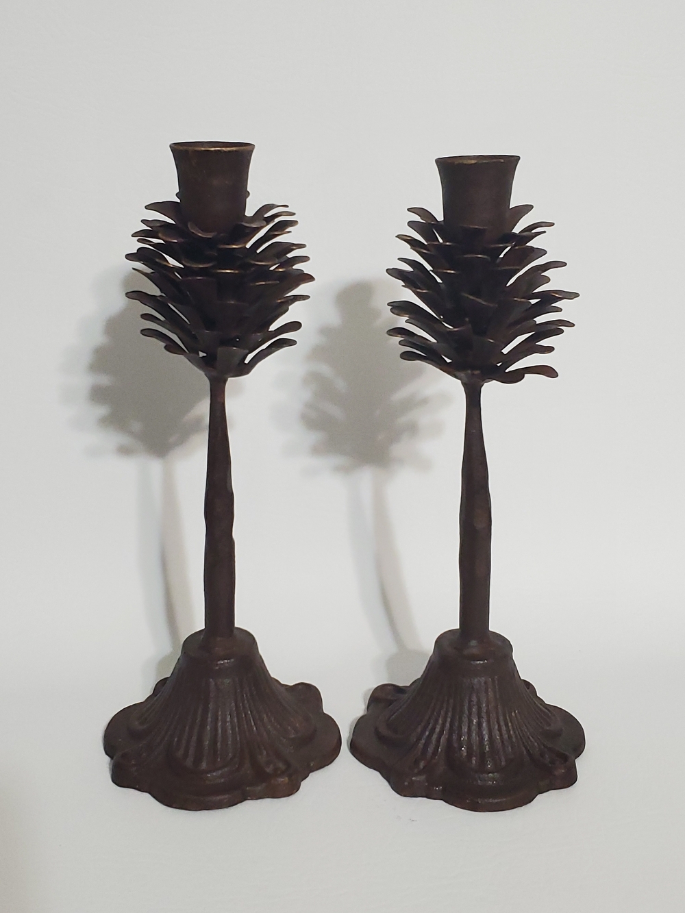 Decorative Pinecone Candle Holders — Sculpted Metal Pair Cast Iron Base